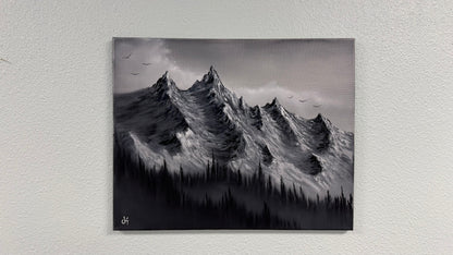 Painting #2563 - 16x20" Canvas - Black and White Mountain Landscape painted 8-23-26