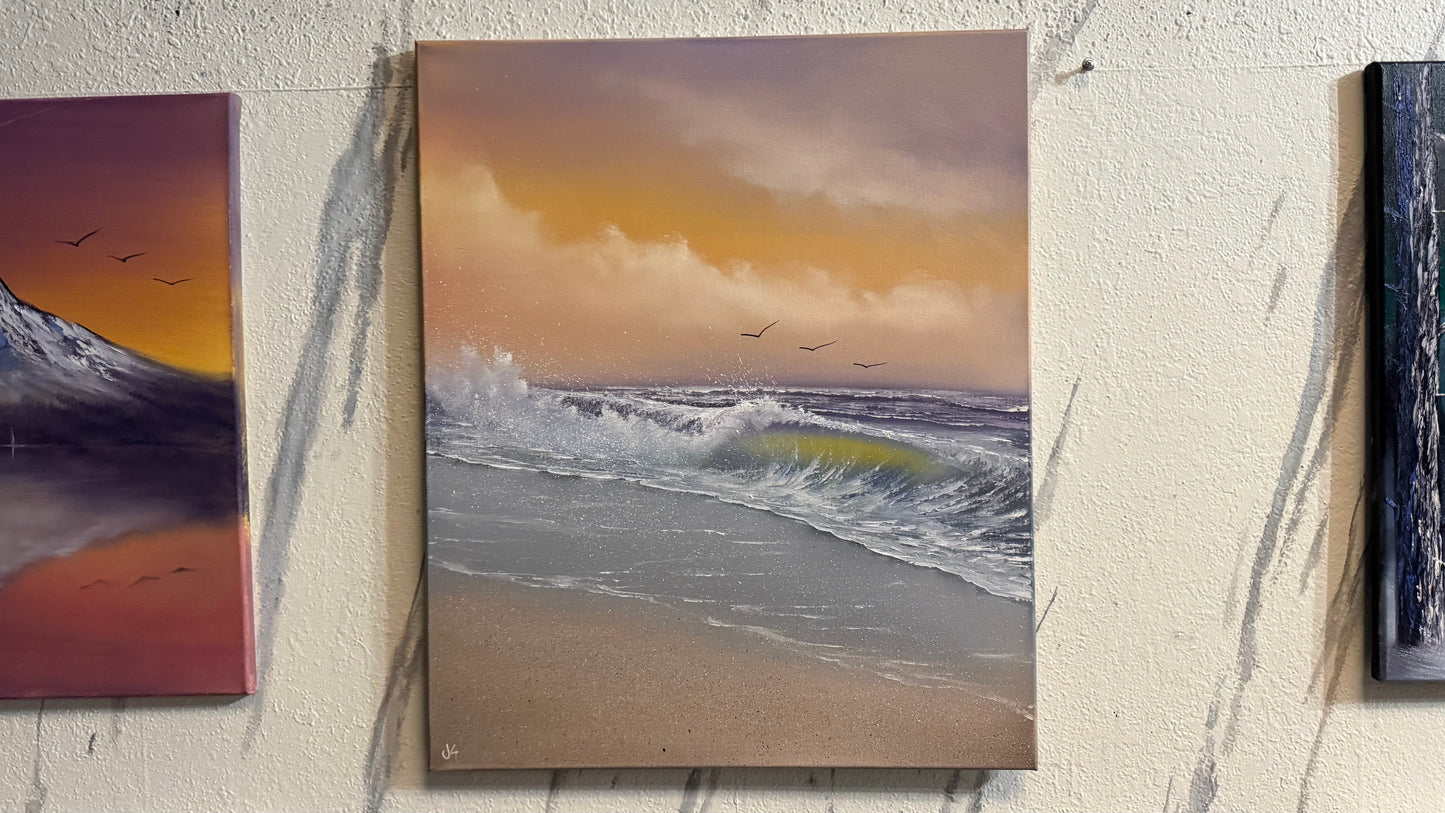 Painting #2291 - 20x24" Canvas - Sunset Seascape Crashing Wave painted 2-16-26