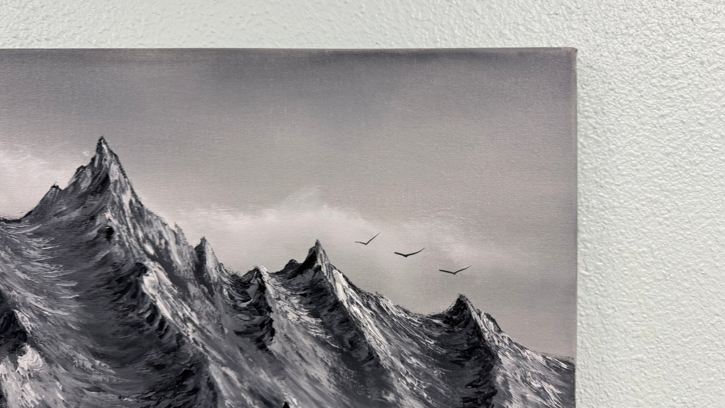 Painting #2563 - 16x20" Canvas - Black and White Mountain Landscape painted 8-23-26