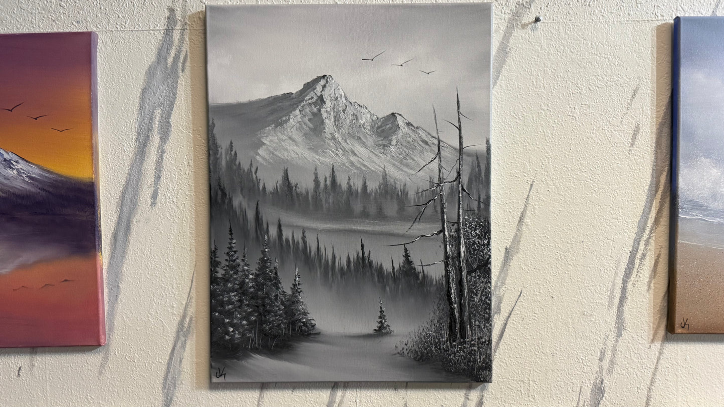 Painting #2247 - 18x24" Canvas - Black and White Mountain Landscape painted 1-19-26