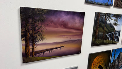 Painting #2657 - 18x24" Canvas - Sunset Lake Dock Landscape painted 10-19-26