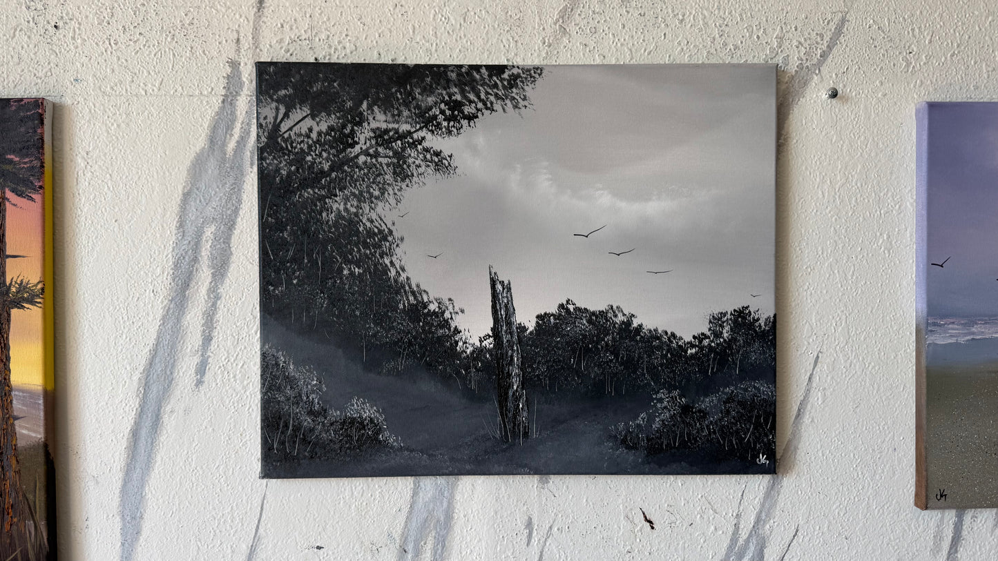 Painting #2448 - 16x20" Canvas - Fence Post Black and White painted 5-21-26
