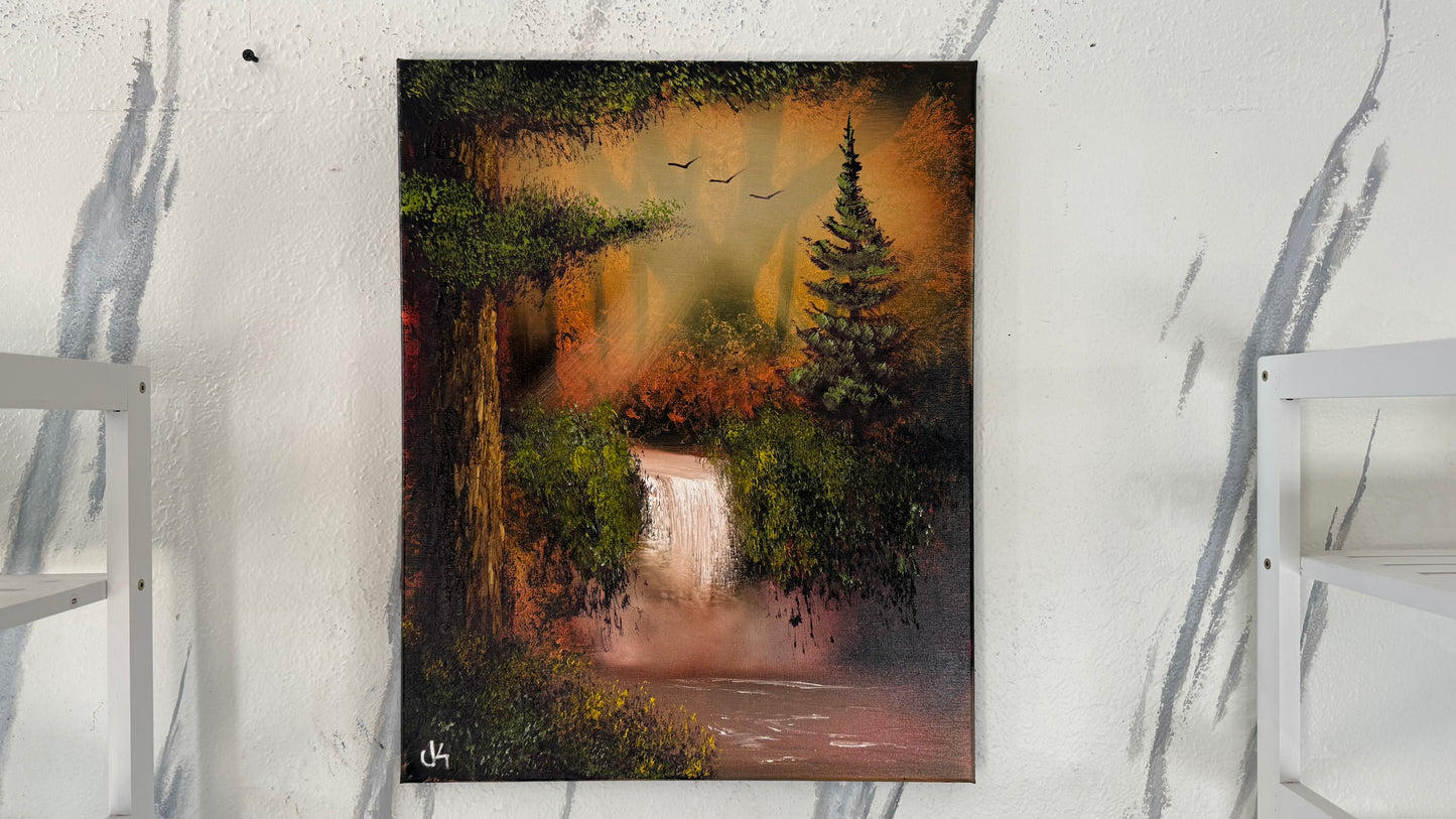 Painting #2059 - 16x20" Canvas - Autumn Waterfall Landscape painted 9-16-25