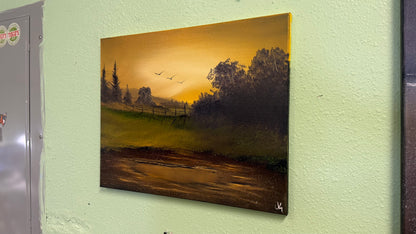 Painting #2076 - 16x20" Canvas - Midwest Sunset Farm painted 9-27-25