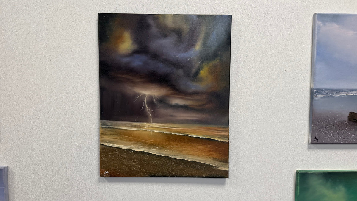 Painting #2590 - 16x20" Canvas - Lightning Thunderstorm Seascape painted 9-9-26
