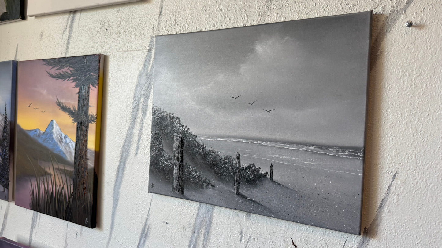 Painting #2450 - 16x20" Canvas - East Coast Black and White Seascape painted 5-21-26