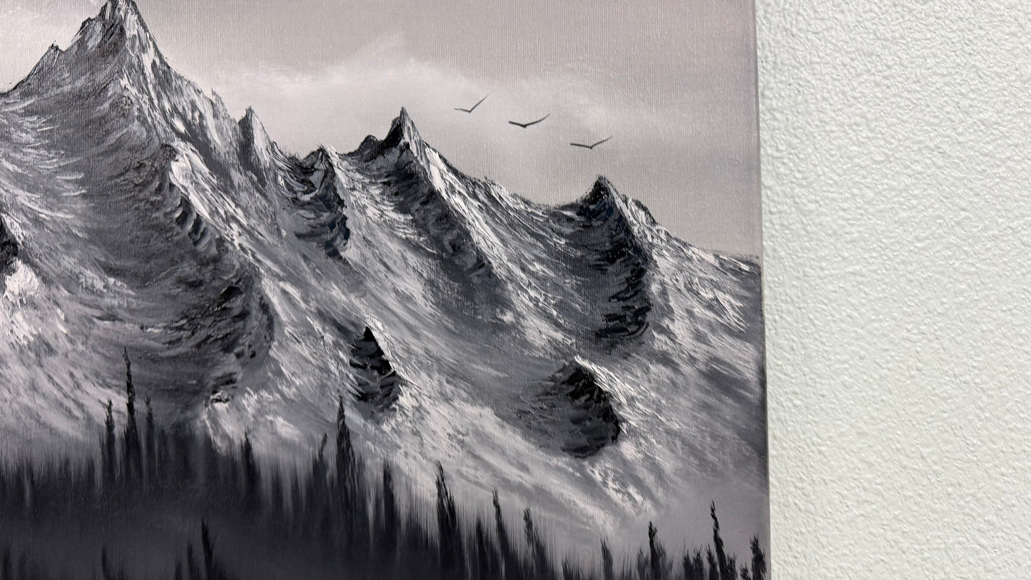 Painting #2563 - 16x20" Canvas - Black and White Mountain Landscape painted 8-23-26