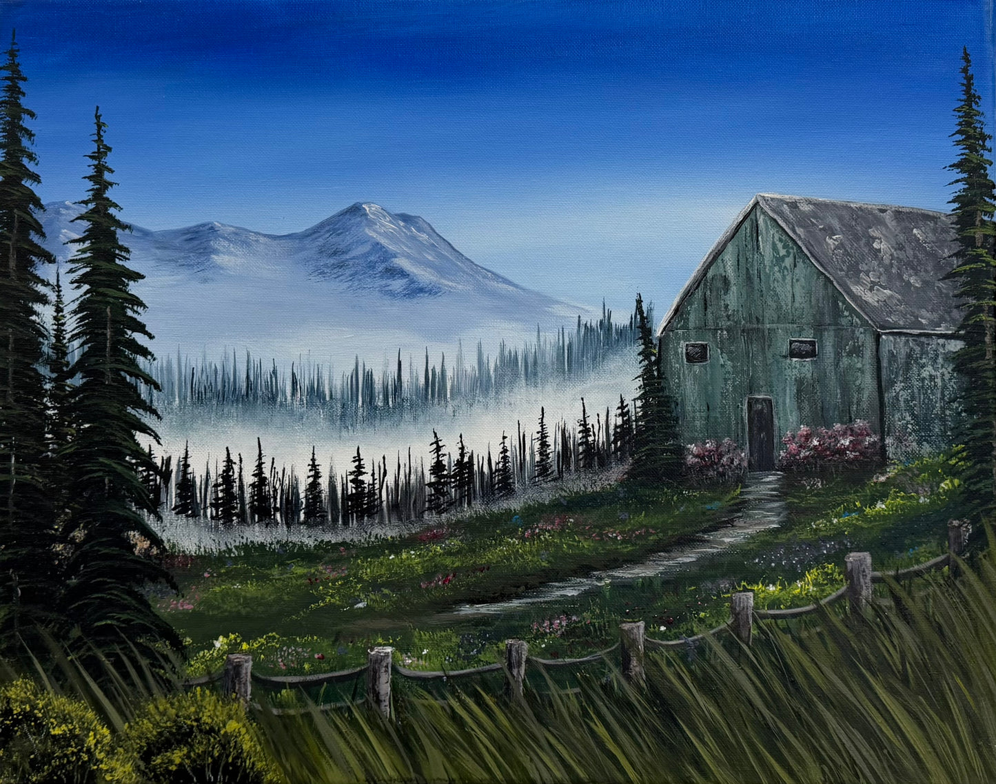 Painting # by Dani from Happily Painted - 16x20" Canvas - Mountain Barn Landscape