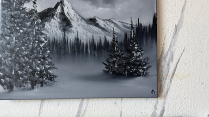 Painting #2489 - 18x24" Canvas - Black and White Mountain Waterfall painted 6-15-26