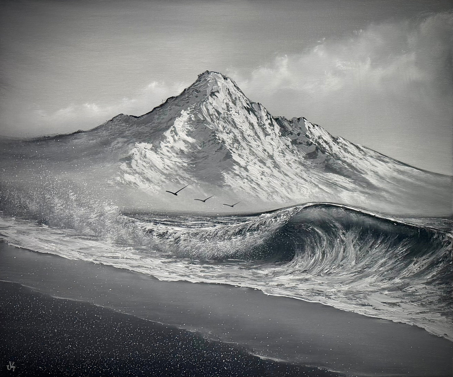 Painting #2536 - 20x24" Canvas - Black and White Mountain Seascape painted 7-31-26