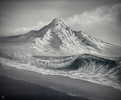 Painting #2536 - 20x24" Canvas - Black and White Mountain Seascape painted 7-31-26