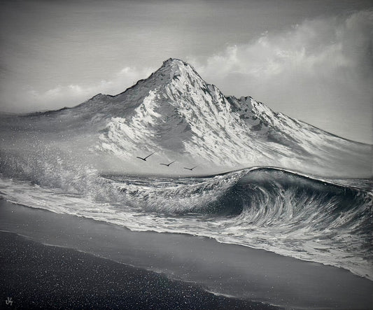 Painting #2536 - 20x24" Canvas - Black and White Mountain Seascape painted 7-31-26