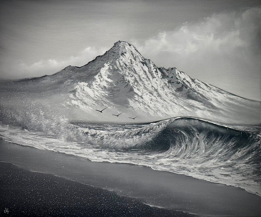 Painting #2536 - 20x24" Canvas - Black and White Mountain Seascape painted 7-31-26