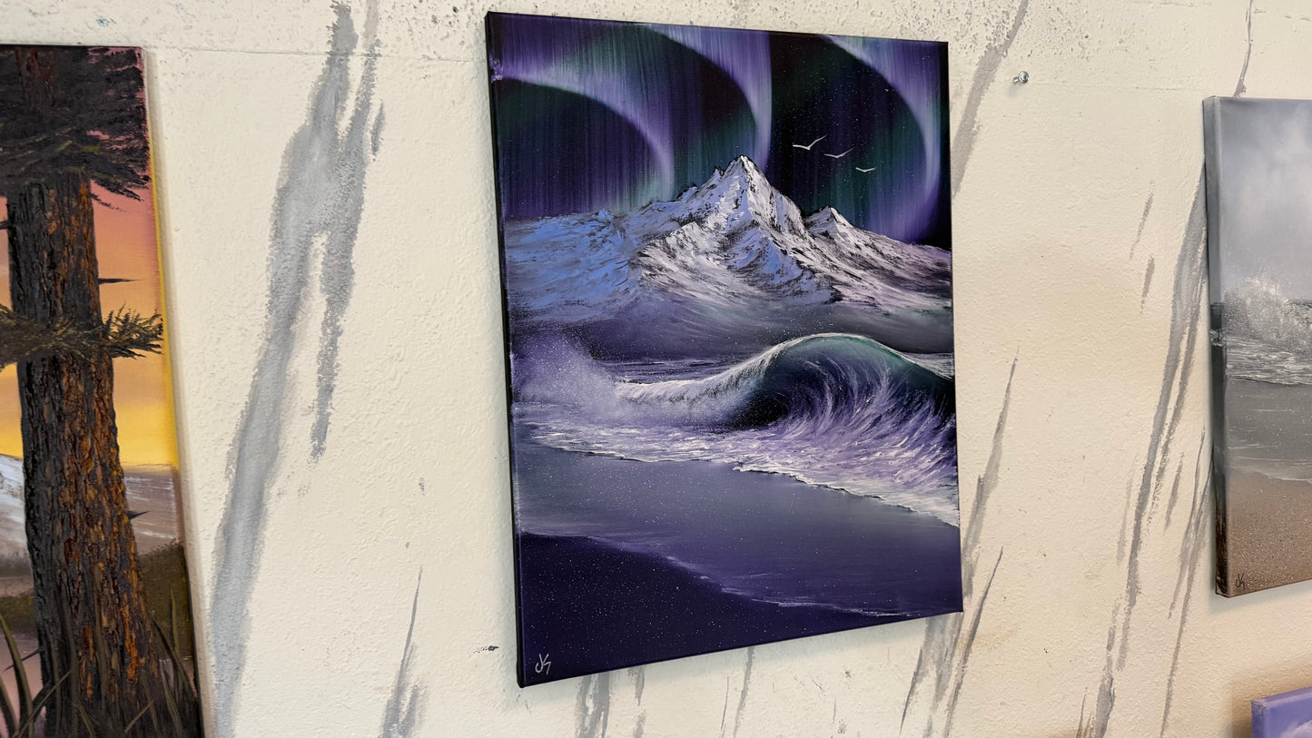 Painting #2403 - 16x20" Canvas - Aurora Mountain Seascape painted 4-21-26