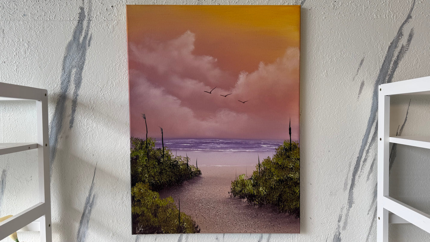 Painting #2120 - 18x24" Canvas - Sunset Cattails Seascape painted 10-25-25