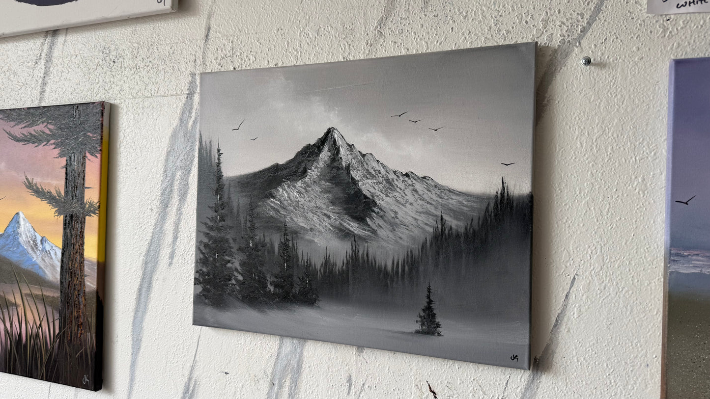 Painting #2430 - 16x20" Canvas - Black and White Mountain Landscape painted 5-6-26