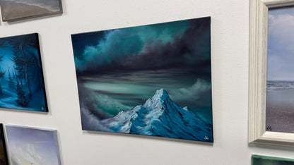 Painting #2599 - 18x24" Black Canvas - Dramatic Blue Mountain Landscape painted 9-13-26