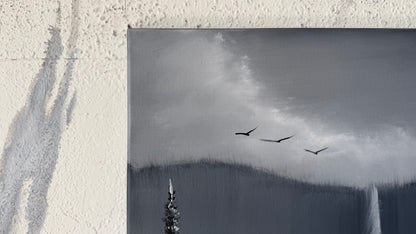 Painting #2488 - 16x20" Canvas - Black and White Mountain Waterfall painted 6-15-26