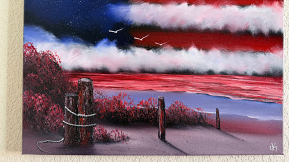 Painting #2501 - 16x20" Canvas - American Flag Seascape painted 7-3-26