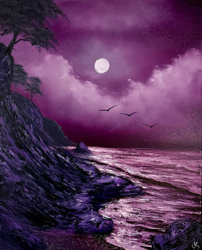 Painting #2180 - 16x20" Canvas - Full Moon Seascape painted 12-11-25