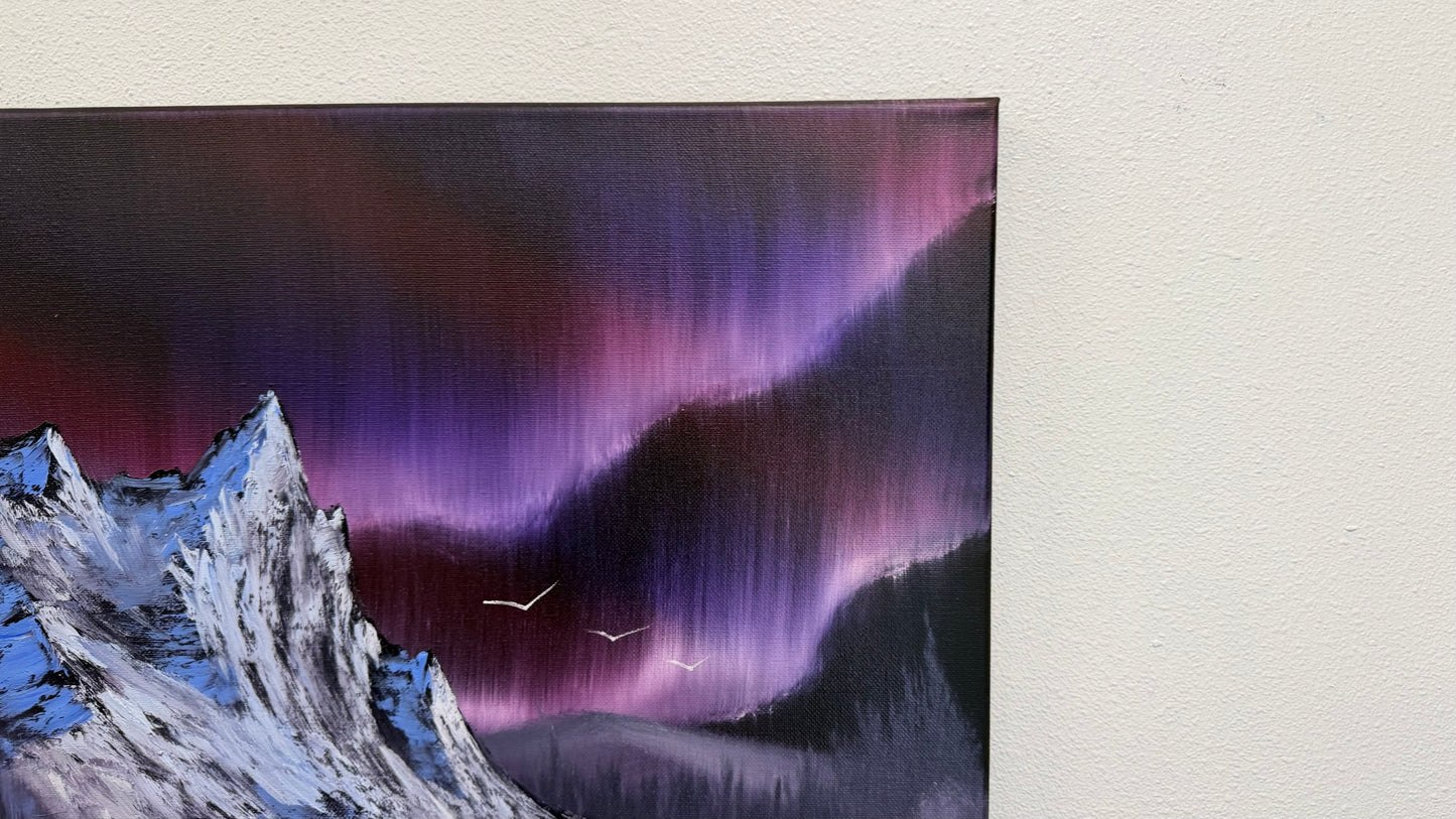 Painting #2559 - 16x20" Canvas - Northern Lights Mountain Landscape painted 8-21-26