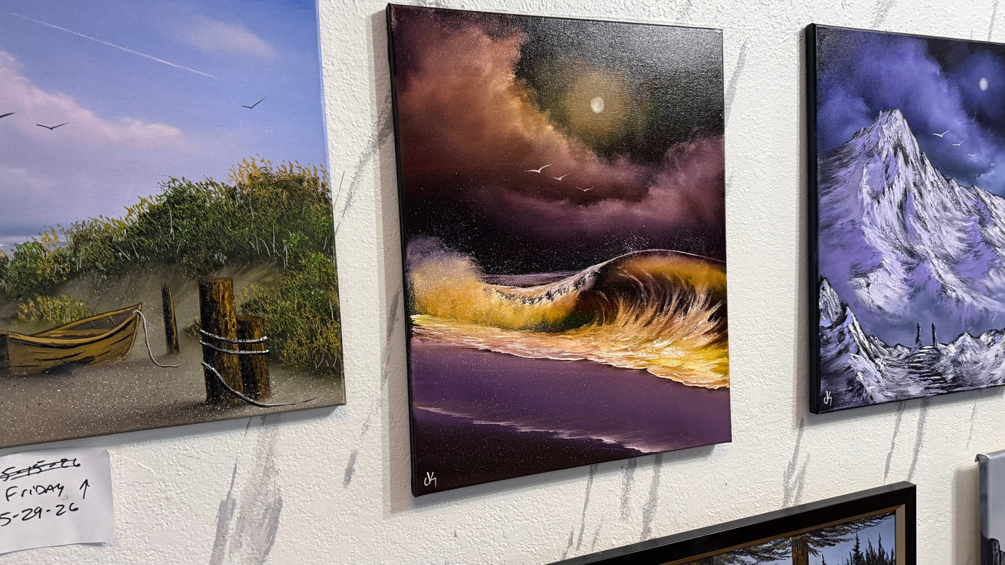 Painting #2445 - 16x20" Canvas - Golden Seascape painted 5-18-26