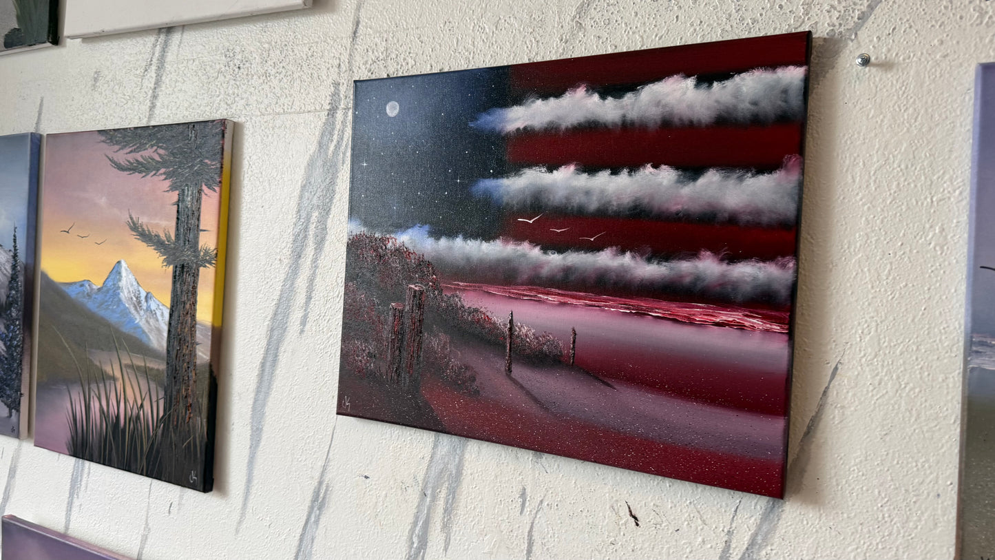 Painting #2457 - 16x20" Canvas - American Flag Seascape painted 5-25-26
