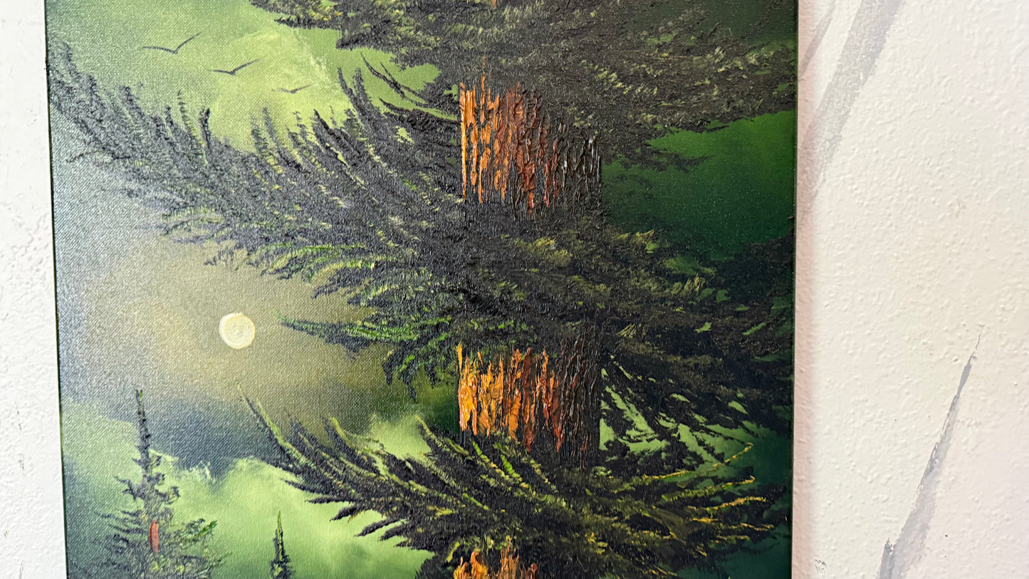 Painting #2471 - 16x20" Canvas - Full Moon Pine Tree Landscape painted 5-31-26