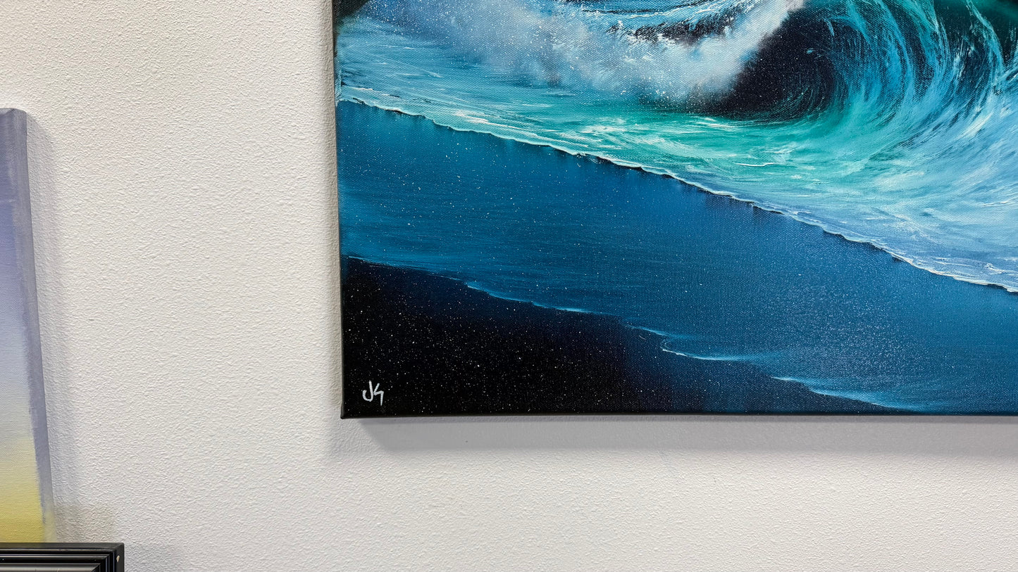 Painting #2570 - 22x28" Canvas - Cloud Stairway Crashing Wave Palm Tree Seascape painted on 8-28-26