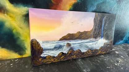 Painting #2239 - 15x30" Canvas - Coastal Waterfall Seascape painted 1-16-26