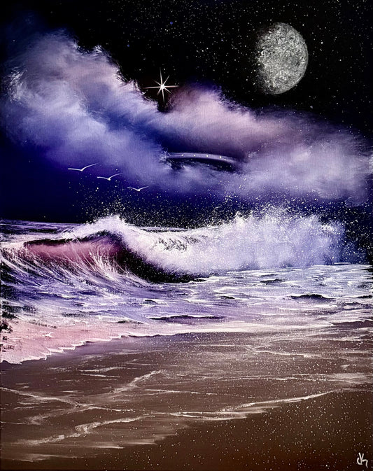 Painting #2263 - 16x20" Canvas - UFO Seascape painted 1-30-26
