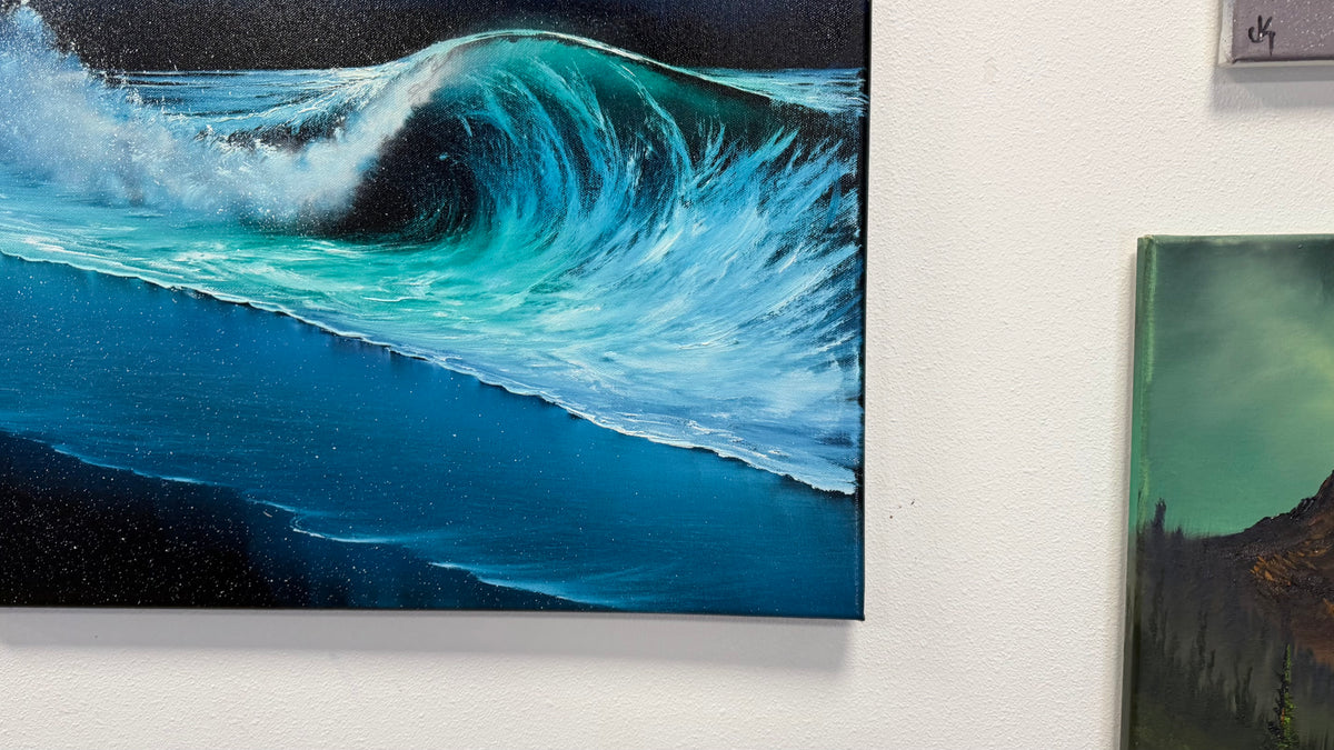 Painting #2570 - 22x28" Canvas - Cloud Stairway Crashing Wave Palm Tree Seascape painted on 8-28-26