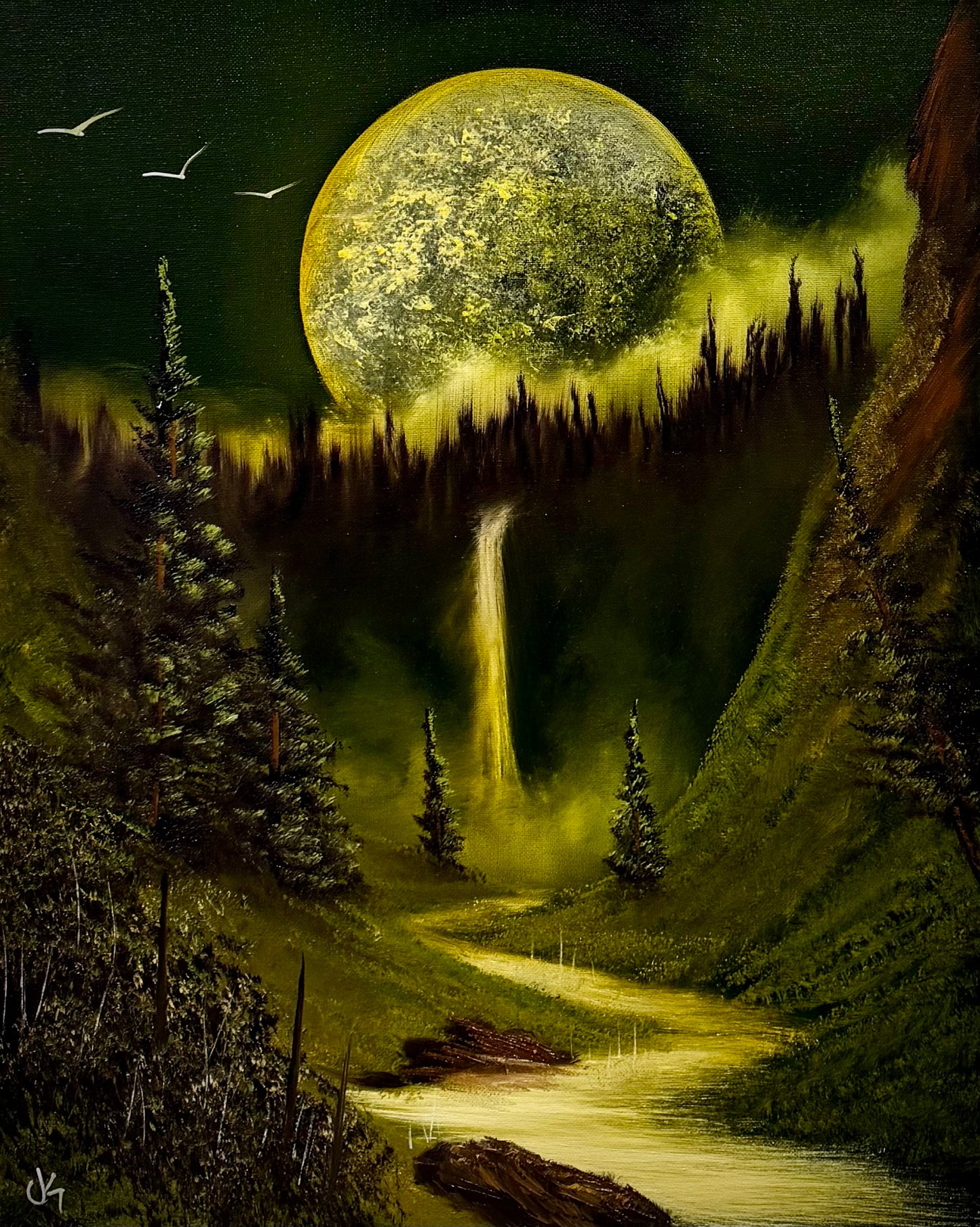 Painting #2585 - 16x20" Canvas - Full Moon Canyon Waterfall painted 9-5-26