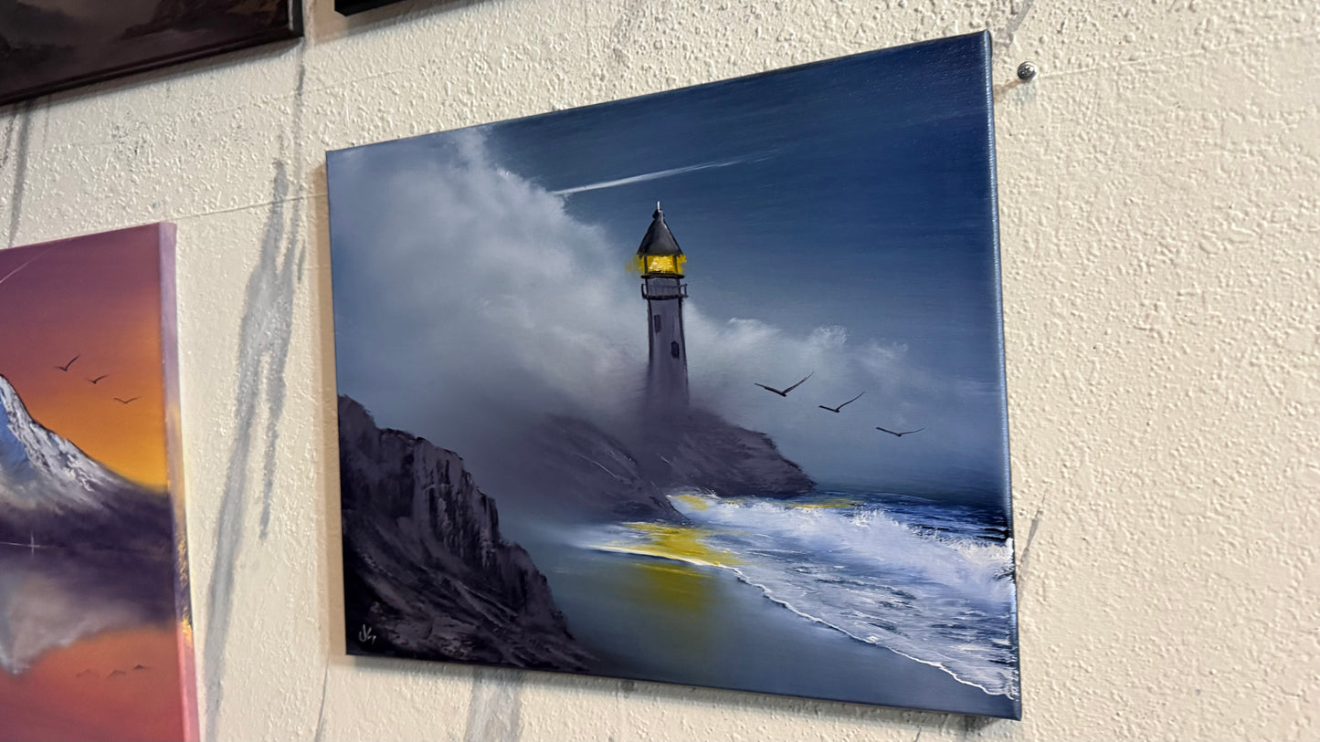 Painting #2231 - 16x20" Canvas - Lighthouse Seascape painted 1-10-26