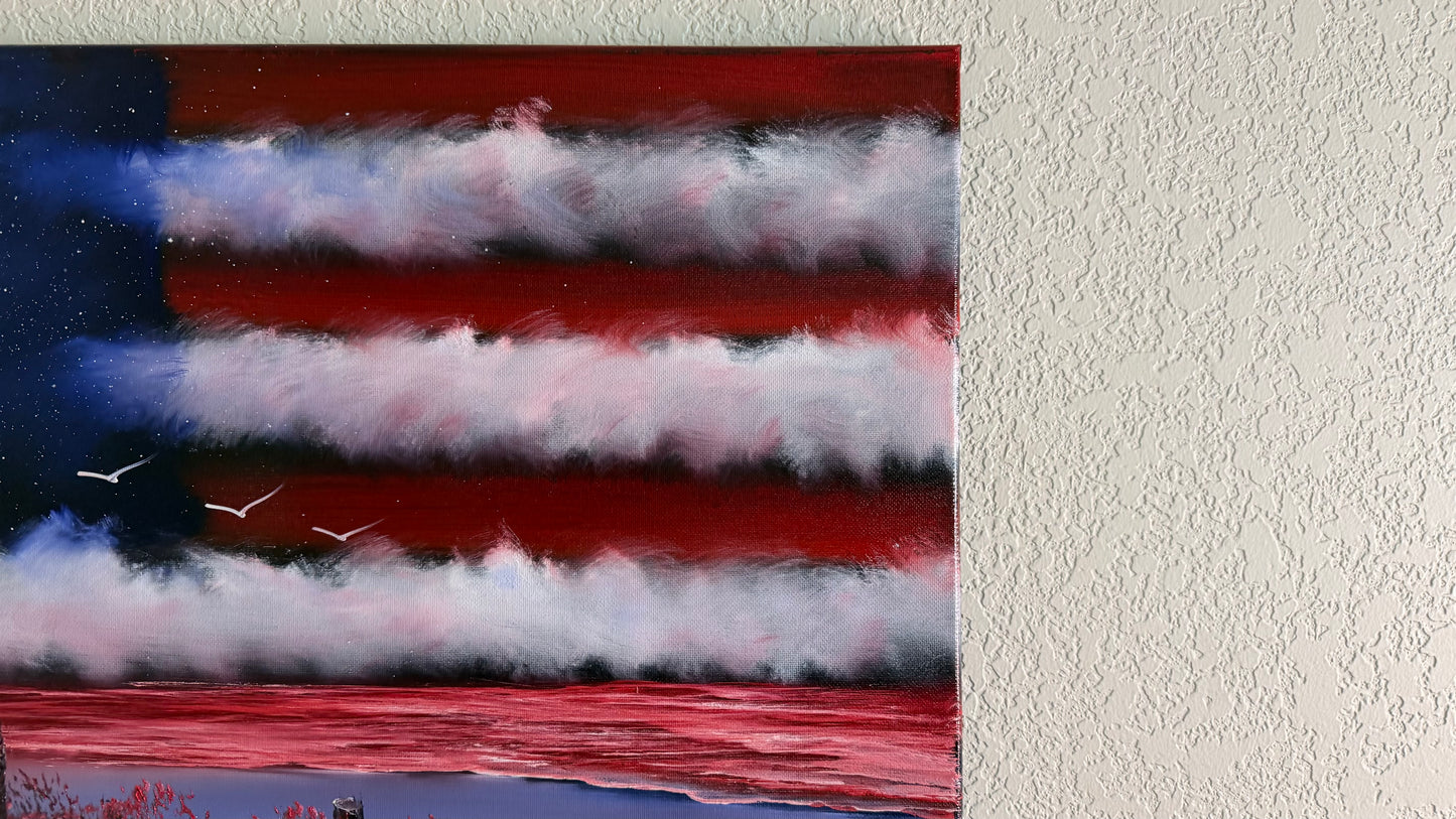 Painting #2501 - 16x20" Canvas - American Flag Seascape painted 7-3-26