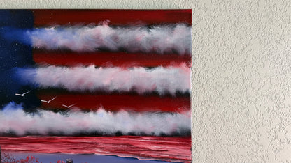 Painting #2501 - 16x20" Canvas - American Flag Seascape painted 7-3-26