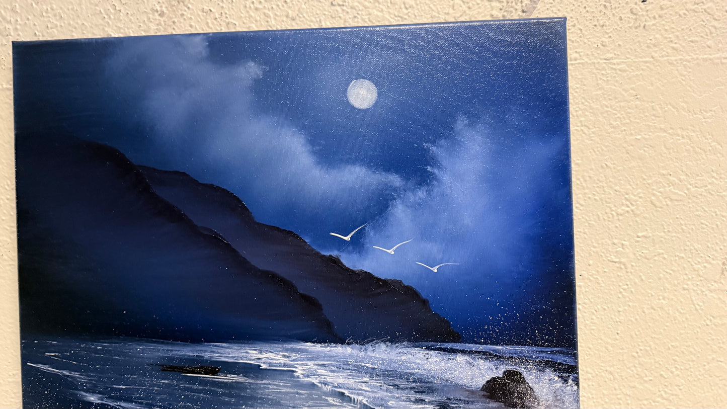 Painting #2102 - 16x20" Canvas - Night Coast Seascape painted 10-13-25