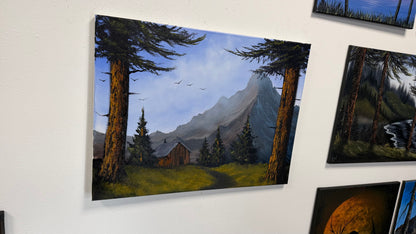 Painting #2652 - 18x24" Canvas - Mountain Cabin Landscape painted 10-17-26