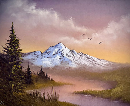 Painting #2390 - 16x20" Canvas - Sunset Mountain River Landscape painted 4-14-26