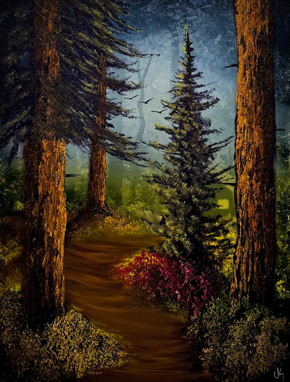 Painting #2653 - 18x24" Canvas - Sunset Cabin Landscape painted 10-17-26