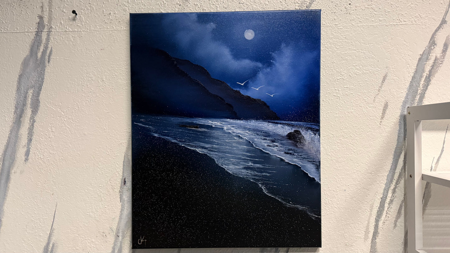 Painting #2102 - 16x20" Canvas - Night Coast Seascape painted 10-13-25