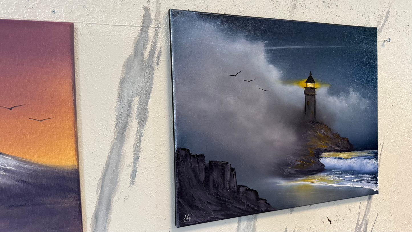 Painting #2230 - 16x20" Canvas - Lighthouse Seascape painted 1-10-26