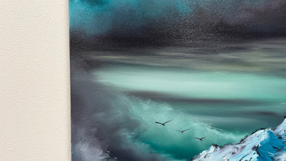 Painting #2599 - 18x24" Black Canvas - Dramatic Blue Mountain Landscape painted 9-13-26