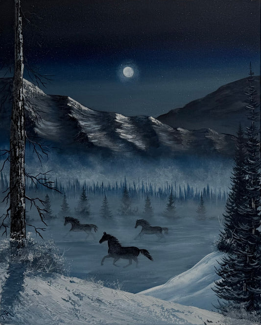 Painting # by Dani from Happily Painted - 16x20" Canvas - Full Moon Stallions in Winter