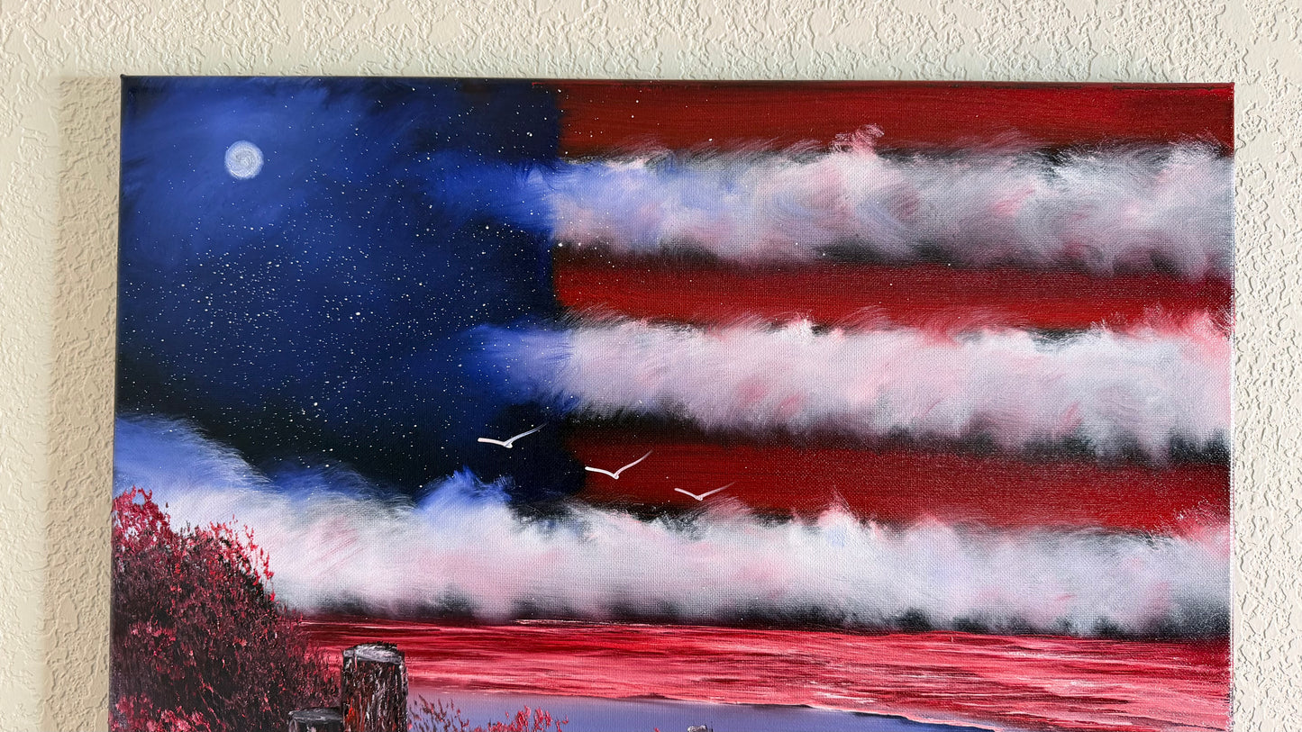 Painting #2501 - 16x20" Canvas - American Flag Seascape painted 7-3-26