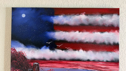Painting #2501 - 16x20" Canvas - American Flag Seascape painted 7-3-26