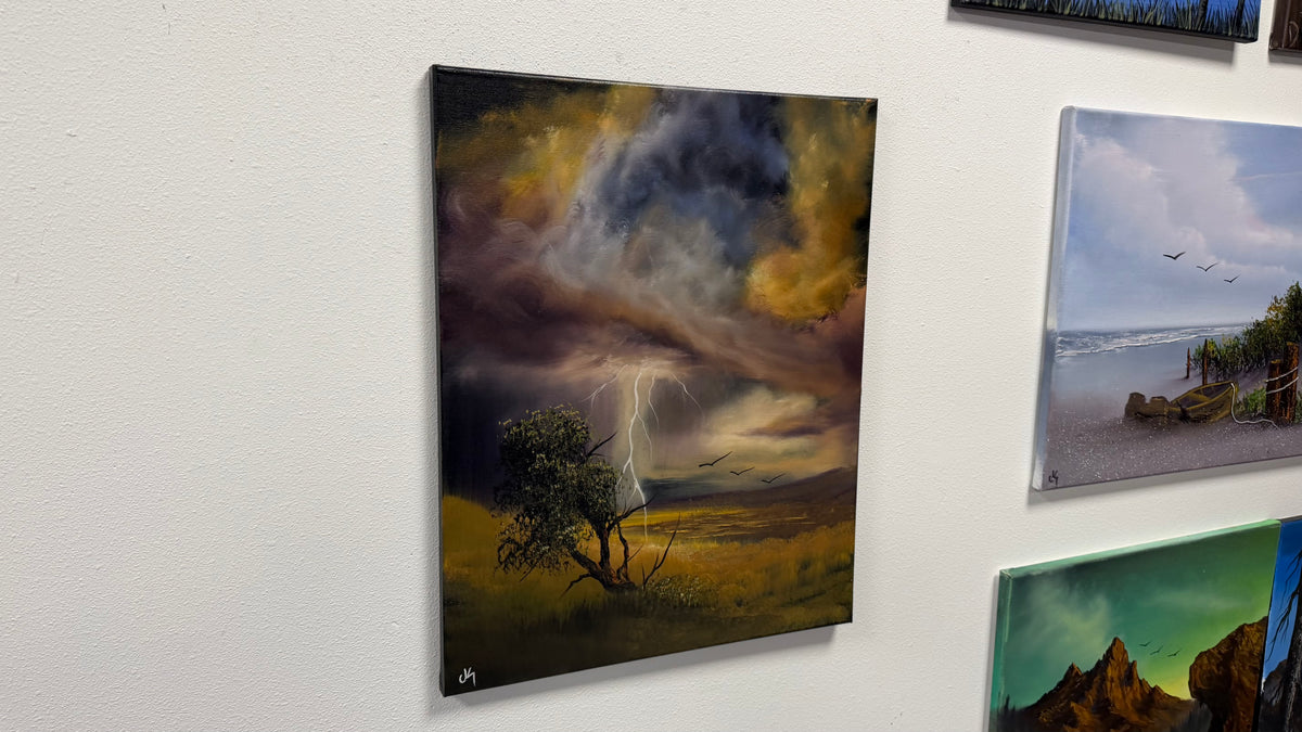 Painting #2589 - 16x20" Framed Canvas - Lightning Thunderstorm Landscape painted 9-7-26