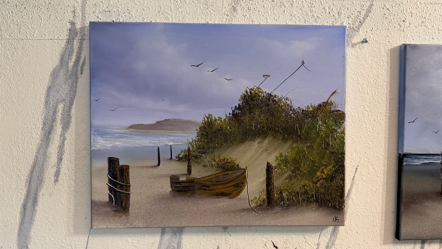 Painting #2423 - 16x20" Canvas - Kite Flying Seascape with Old Row Boat painted 5-2-26