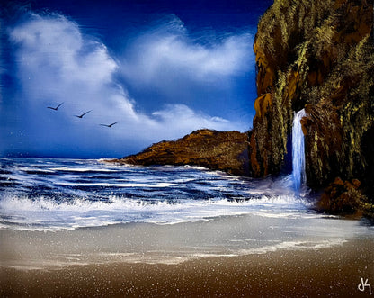 Painting #2237 - 16x20" Canvas - Coastal Waterfall Seascape painted 1-15-26