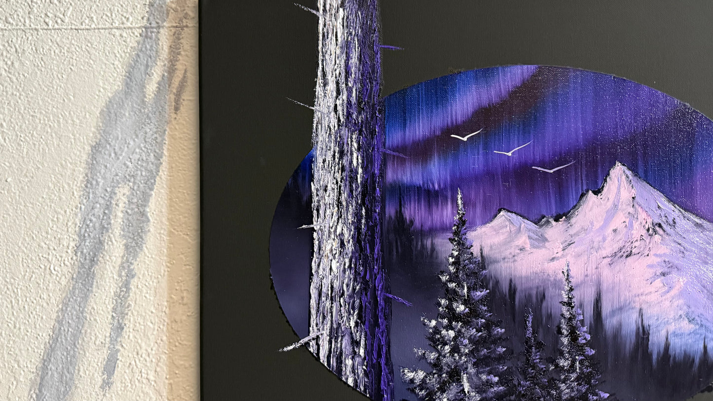 Painting #2353 - 16x20" Canvas - Oval Northern Lights Mountain painted 3-23-26